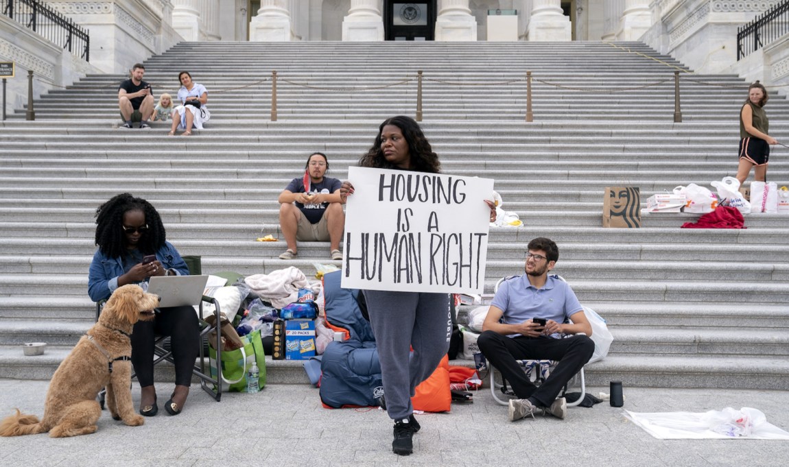 Representative Cori Bush, Democrat of Missouri, during her sleep-in on the Capitol steps