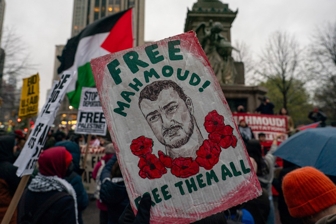 Demonstrators in Columbus Circle calling for the release of Mahmoud Khalil