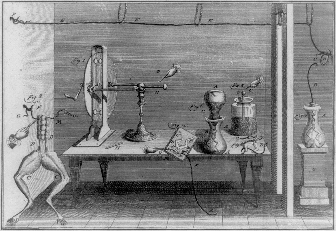 An engraving from De Viribus Electricitatis in Motu Musculari, 1791
