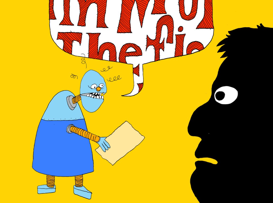 A cartoon of a robot reading a script, while a disturbed human looks on